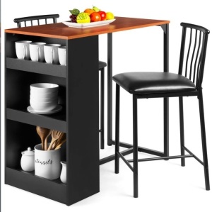 3-Piece Counter Height Kitchen Dining Table Set w/ Storage Shelves, Espresso, Appears New