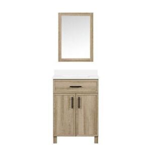 24" Natural Oak Bathroom Vanity with White Engineered Stone Top and Mirror