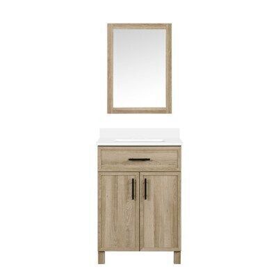 24" Natural Oak Bathroom Vanity with White Engineered Stone Top and Mirror