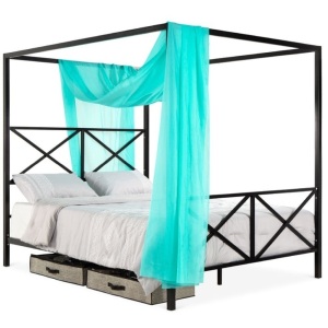 4-Post Queen Size Modern Metal Canopy Bed Frame w/ Headboard, Footboard