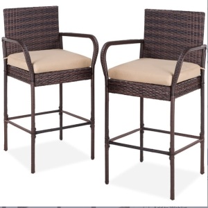 Set of 2 Indoor Outdoor Wicker Bar Stools w/ Cushion, Footrests, Armrests, Brown, E-Commerce Return, May Be Missing Hardware