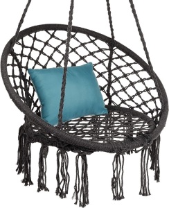 Handwoven Cotton Macramé Hammock Hanging Chair Swing for Indoor & Outdoor Use w/Backrest, Fringe Tassels, 265 Pound Capacity - Black