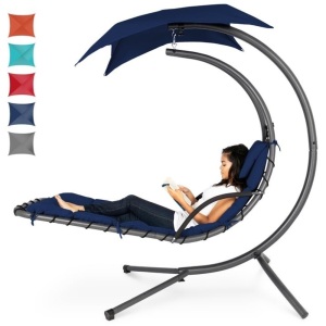 Hanging Curved Chaise Lounge Chair w/ Built-In Pillow, Removable Canopy