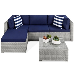 5-Piece Modular Wicker Sectional Conversation Set w/ 2 Pillows, Coffee Table