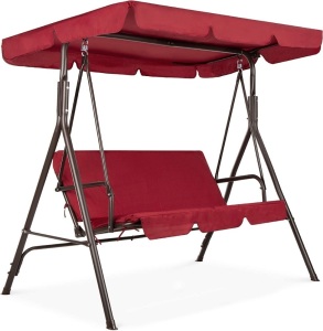 3-Person Outdoor Patio Swing Chair, Hanging Glider Porch Bench for Garden, Poolside, Backyard w/Convertible Canopy, Adjustable Shade, Removable Cushions - Burgundy