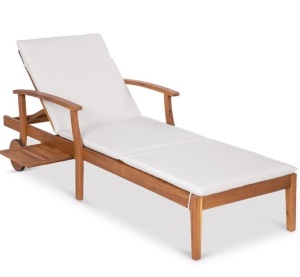 Adjustable Acacia Wood Chaise Lounge Chair w/ Side Table, Wheels - 79x26in, Cream, Appears New