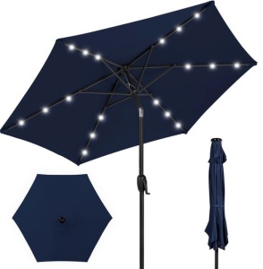 Outdoor Solar Patio Umbrella w/ Push Button Tilt, Crank Lift - 7.5ft, Navy Blue, Appears New