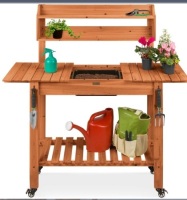 Pre-Stained Wood&nbsp;Garden Potting Bench w/&nbsp;Sliding Tabletop, Dry&nbsp;Sink, Wheels, Like New, Retail - $169.99