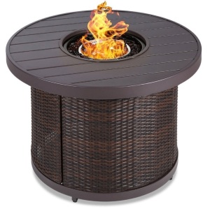 Round Fire Pit Table, 50,000 BTU Outdoor Wicker Firepit w/ Cover - 32in, Brown, Appears New