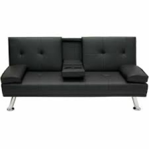 Faux Leather Upholstered Convertible Sofa Bed Futon w/ 2 Cupholders