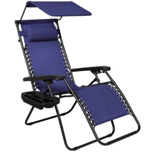 Folding Zero Gravity Recliner Patio Lounge Chair w/ Canopy, Side Tray, Navy Blue, E-Commerce Return/Appears New