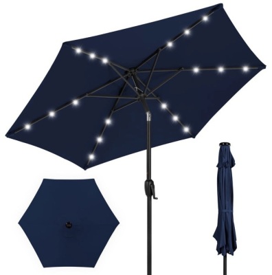 Outdoor Solar Patio Umbrella w/ Push Button Tilt, Crank Lift - 7.5ft, Navy Blue, E-Commerce Return/Damaged Box