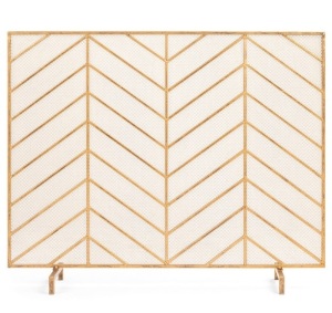 Single Panel Iron Chevron Fireplace Screen w/ Antique Finish - 38x31in, Gold, E-Commerce Return/Appears New
