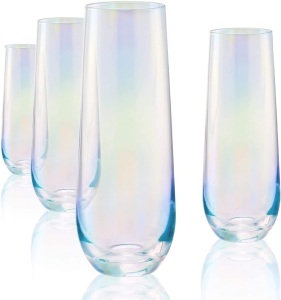 Circleware Radiance White Pearl Luster Stemless Champagne Flutes Glasses 10.5 oz, Set of 4 - Appear New 