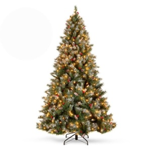Pre-Lit Christmas Pine Tree w/ Pine Cones, Flocked Branch Tips, Berries, 6ft