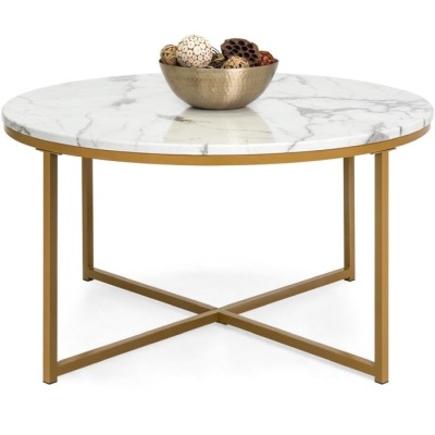 Round Coffee Table w/ Faux Marble Top, Metal Frame - 36in