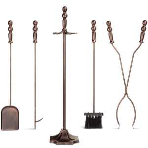 5-Piece Fireplace and Firepit Iron Tool Set w/ Tongs, Poker, Broom, Shovel, Stand - Copper