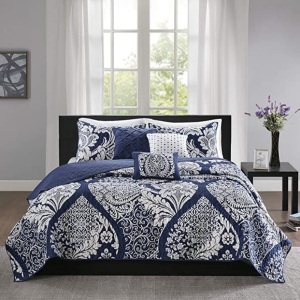 Madison Park Vienna Reversible Cotton Ouilt- Luxury Stitching Design All Season, Breathable Coverlet Bedspread Bedding, Shams, Decorative Pillow,King/Cal King, Indigo 6 Piece, Like New, Retail - $81.99