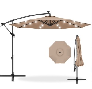 Solar LED Offset Hanging Patio Umbrella w/ Crank Tilt Adjustment - 10ft, Tan, Appears New