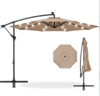 Solar LED Offset Hanging Patio Umbrella w/ Crank Tilt Adjustment - 10ft, Tan, Appears New