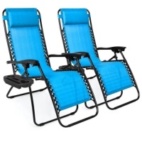 Set of 2 Adjustable Zero Gravity Patio Chair Recliners w/ Cup Holders, Aqua Blue, Appears New/Damaged Box