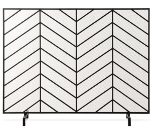 Single Panel Iron Chevron Fireplace Screen w/ Antique Finish - 38x31in, Satin Black, Appears New