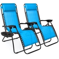 Set of 2 Adjustable Zero Gravity Patio Chair Recliners w/ Cup Holders, Aqua Blue, Appears New/Damaged Box