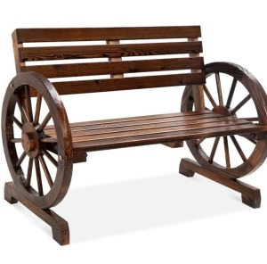 2-Person Rustic Wooden Wagon Wheel Bench w/ Slatted Seat and Backrest, Like New, Retail - $119.99