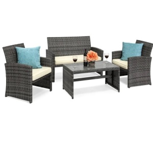 4-Piece Outdoor Wicker Conversation Patio Set w/ 4 Seats, Glass TableTOP, Like New, Retail - $299.99