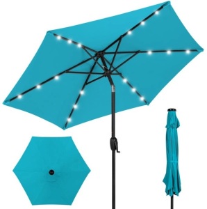 Outdoor Solar Patio Umbrella w/ Push Button Tilt, Crank Lift - 7.5ft, Sky Blue, E-Commerce Return/Appears New