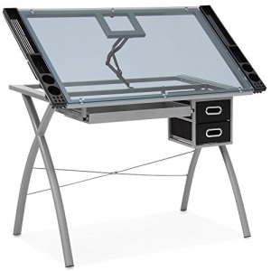 Modern Adjustable Drafting Table w/Drawers, Glass Top, and Removable Side Trays - Silver