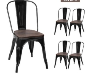 Set of 4 Tolix Style Metal Dining Side Chair Wood Seat Stackable Bistro Cafe, Appears New/Damaged Box