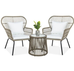 3-Piece Patio Wicker Conversation Bistro Set w/ 2 Chairs, Glass TopTable, Like New, retail - $349.99