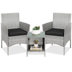 3-Piece Outdoor Patio Wicker Bistro Set w/ Side Storage Table 