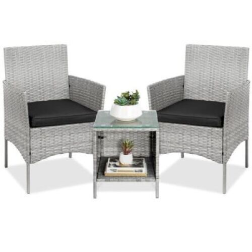 3-Piece Outdoor Patio Wicker Bistro Set w/ Side Storage Table&nbsp;