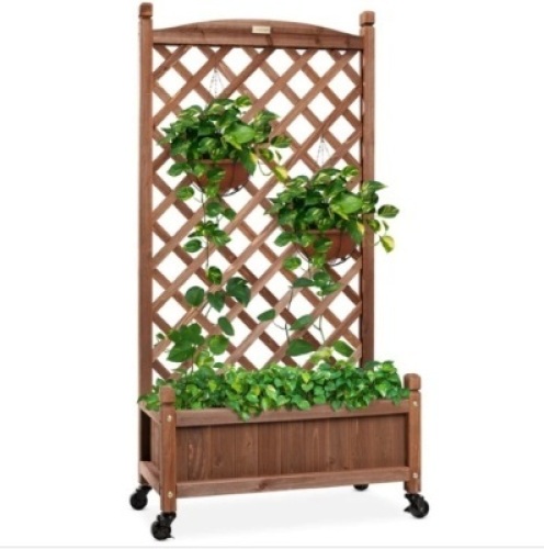Wood Planter Box & Lattice Trellis w/ Drainage, Optional Wheels - 48in, Appears New