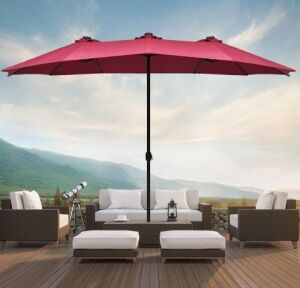 15 ft. Steel Frame Market Solar LED Patio Umbrella with 36-Lights in Burgundy