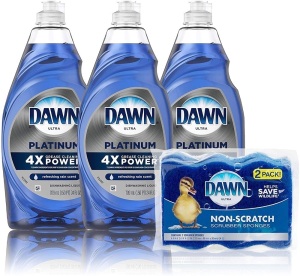 Dawn Dish Soap Platinum Dishwashing Liquid + Non-Scratch Sponge for Dishes, Refreshing Rain Scent, 3-24oz Bottles - New 