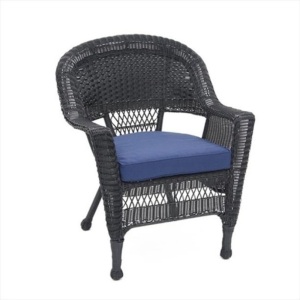 Lot of (2) Jeco Black Wicker Chairs with Blue Cushions - One is Bent & Wobbly, One is New