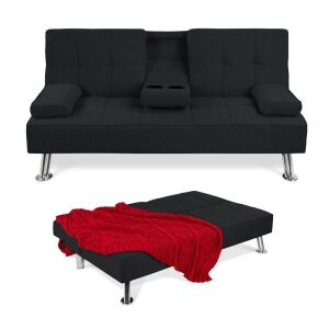 Linen Upholstered Convertible Sofa Bed Futon w/ 2 Cupholders