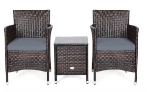 3-Piece Wicker Patio Conversation Seating Set with Gray Cushions, Brown, Appears New