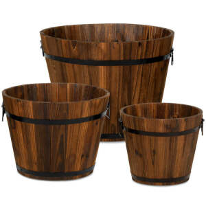 Set of 3 Rustic Wood Bucket Barrel Garden Planters Set w/ Drainage Holes