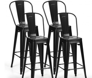 30" Height Set Of 4 High Back Metal Industrial Bar Stools, Black, Possibly Missing Hardware, E-Commerce Return/Damaged Box