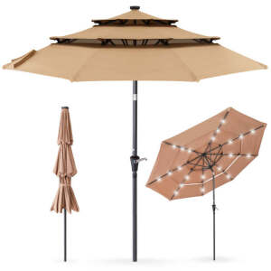 3-Tier Solar Patio Umbrella w/ LED Lights, Tilt Adjustment, Crank