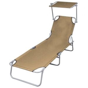 Vidaxl Folding Sun Lounger with Canopy, Steel Taupe