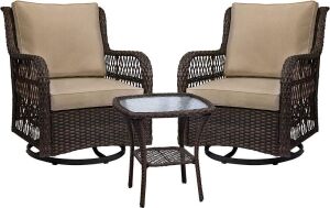 3 Piece Outdoor Wicker Swivel Rocker Patio Set with Glass Top Table