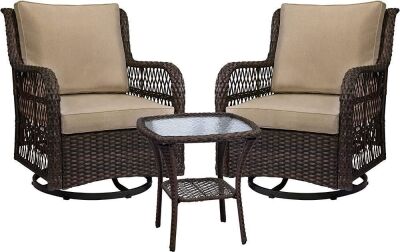 3 Piece Outdoor Wicker Swivel Rocker Patio Set with Glass Top Table