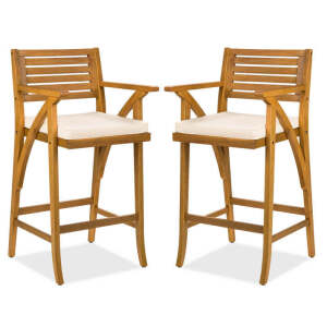 Set of 2 Outdoor Acacia Wood Bar Stools Chairs w/ Weather-Resistant Cushions