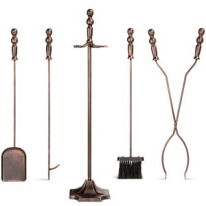 5-Piece Fireplace and Firepit Iron Tool Set w/ Tongs, Poker, Broom, Shovel, Stand - Antique Bronze