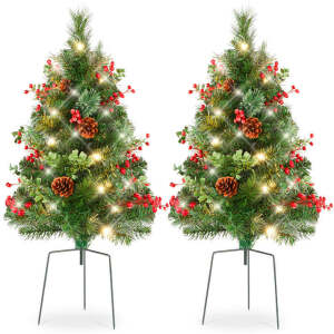 Set of 2 Pre-Lit Pathway Christmas Trees w/ Pine Cones, Timer 